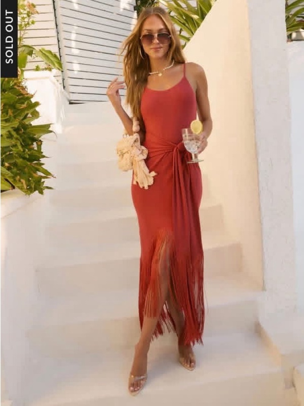 Vici Rust Fringe Tie-Waist Maxi Dress